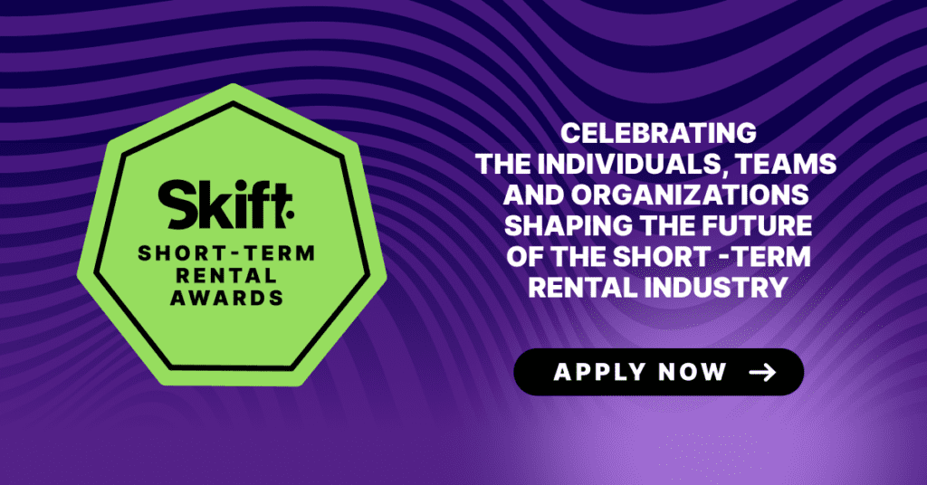 Purple swirl line background with Skift short-term rental logo on a green hexagonal background. Text in white: Celebrating the individuals, teams and organizations shaping the future of the short-term rental industry. Black apply now CTA button. 