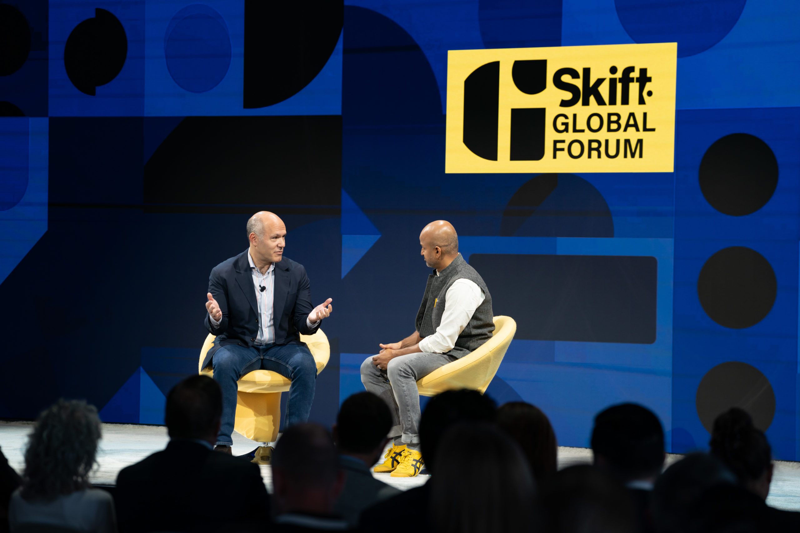 Peter Kern, Expedia CEO, with Rafat Ali, Skift CEO on stage at SGF 2022 in New York City