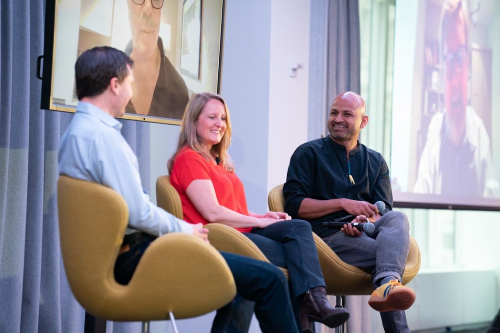 Jon Gray from RVshare, Merilee Karr from UndertheDoormat Group, Carl Shepherd from HomeAway, Rafat Ali and Dennis Schaall from Skift discussing travel industry insights on stage at the Future of Lodging Forum 2022.