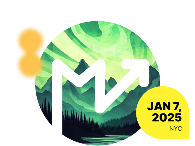 Skift Megatrends logo in white overlaying a green circular image of mountains with date Jan 7, 2025 for New York Event