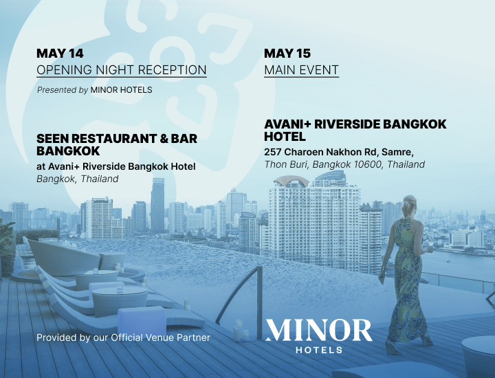 Minor Hotels is the venue partner for Skift Asia Forum 2025. Opening reception and main event dates overlaid on graphic of infinity pool and a lady walking across the decking area. 