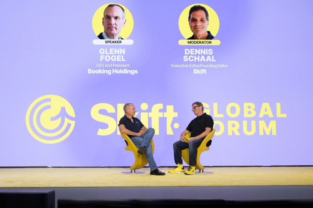 Booking Holdings CEO Glenn Fogel on stage with Skift Executive Editor Dennis Schaal at Skift Global Forum
